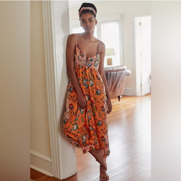 By Anthropologie Orange Floral Printed Lounge Jumpsuit